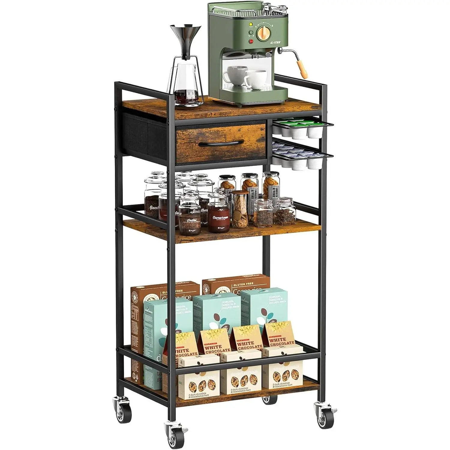 4 Tier Coffee Bar Cart with Pod Drawers, Rustic Brown | K-Cup Drawers, Lockable Wheels, Sturdy Iron+Wood Build, Compact Size, Easy Assembly, Great for Home or Office