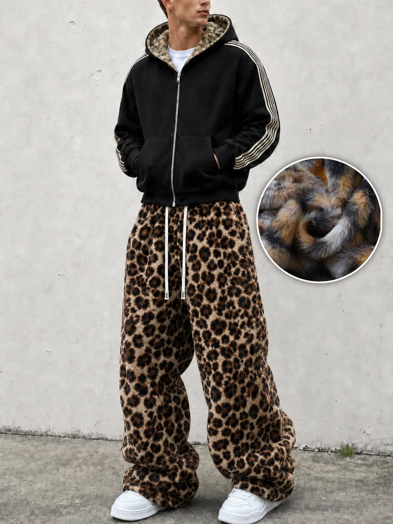 Men's 2 Piece Leopard Print Plush Tracksuit, Athleisure Tracksuit, Full Zip Hooded Jacket and Baggy Wide Leg Pants, Warm Casual Streetwear Set for Fall and Winter