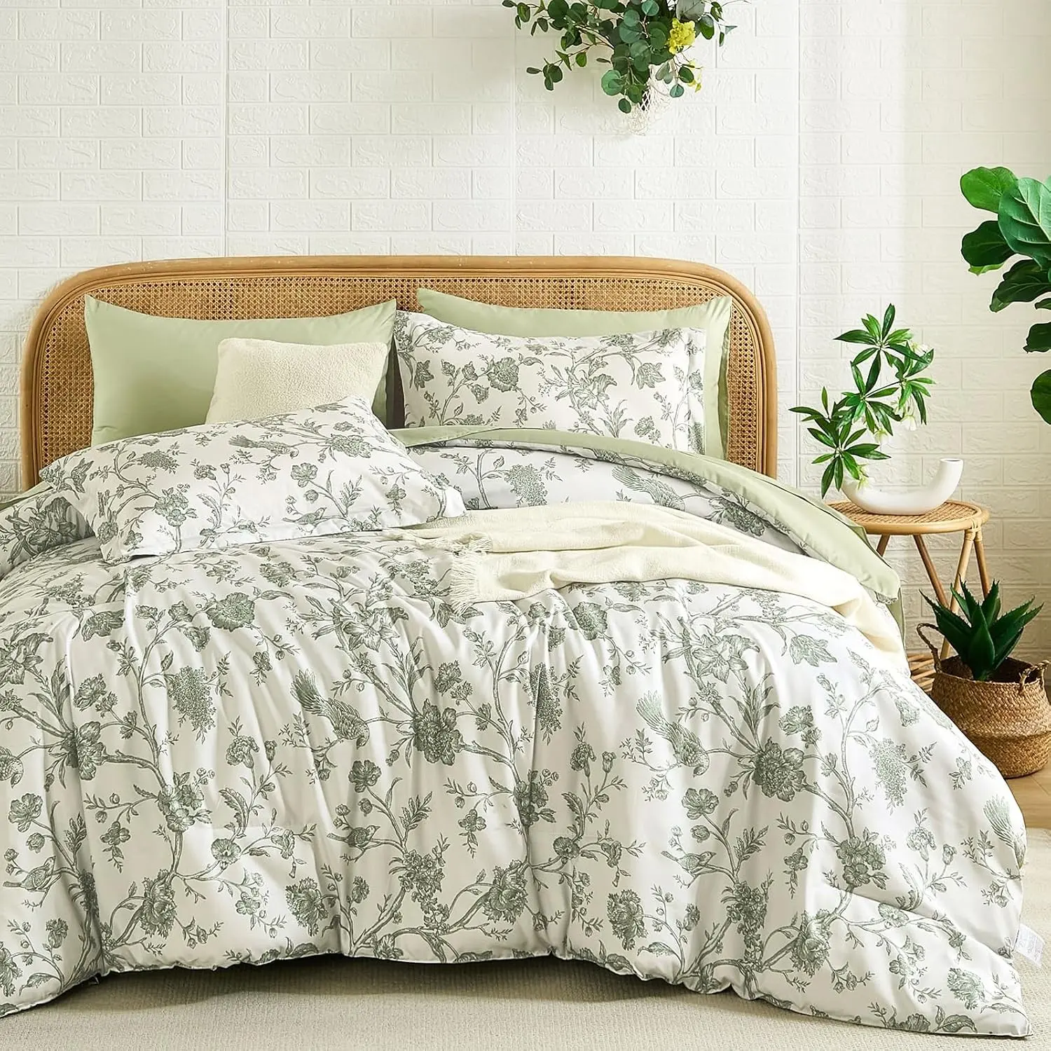 Floral King Comforter Set 7 Pieces Bed in a Bag, Sage Green Flower with Bird Bedding Set, Soft Reversible Comforter with Sheet Set 104"x90"