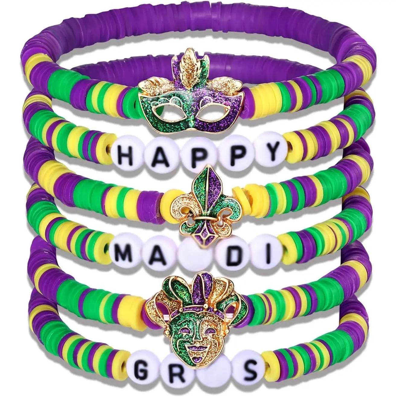 Mardi Gras Beaded Bracelets for Women Heishi Stretch Bracelets Mask Fleur De Lis  Bracelets Carnival Holiday Preppy Bracelets