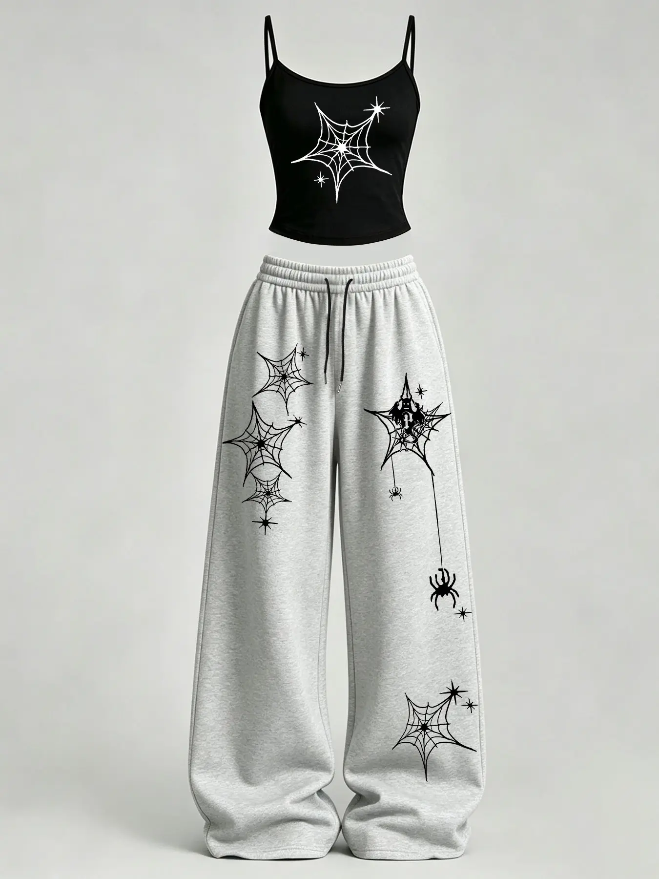 Women's Casual Spider Web Print Slim Fit Tank Top + Loose Baggy Pants Set, Y2K Street Style, Daily Wear, Home Leisure, Campus Fashion