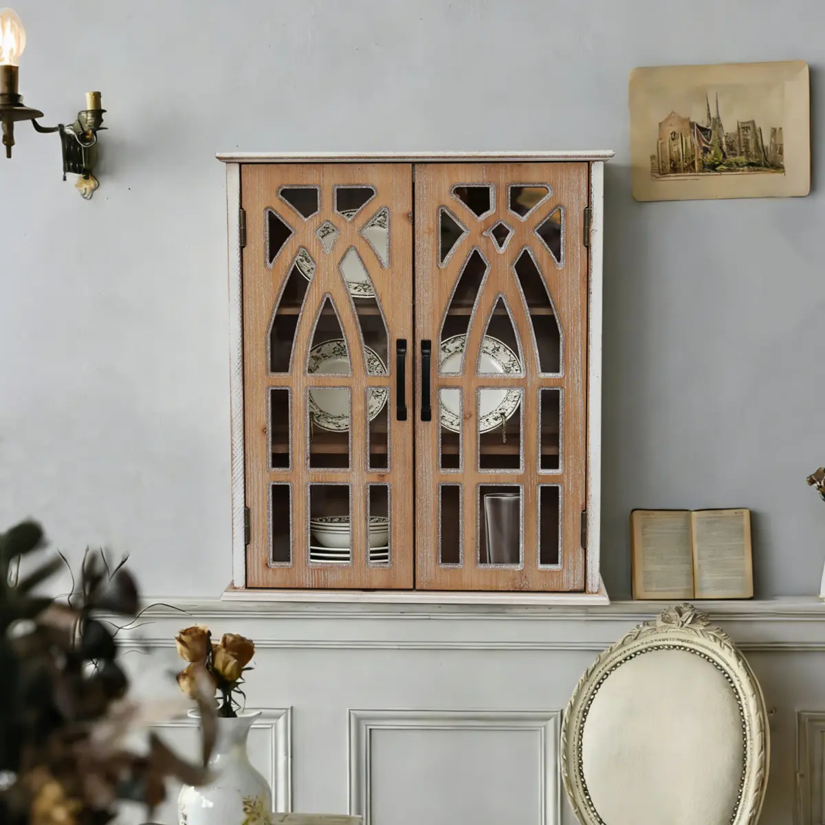 21.26 Inch Vintage Farmhouse Wall Mounted Storage Cabinet, Fir Solid Wood MDF Hanging Cabinet Decorative Cutout Double Doors Distressed Finish 2 Color Options Multi-Scene Wall Medicine Display Cabinet For Bathroom Living Room Bedroom