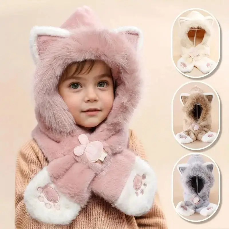 Kitty Embroidered Hat Scarf 2-in-1 Pullover Set, Cozy Plush Paw Print Winter Headwear, Thick Ear & Neck Protection Warm Plush Hat for Boys Girls Cold Weather