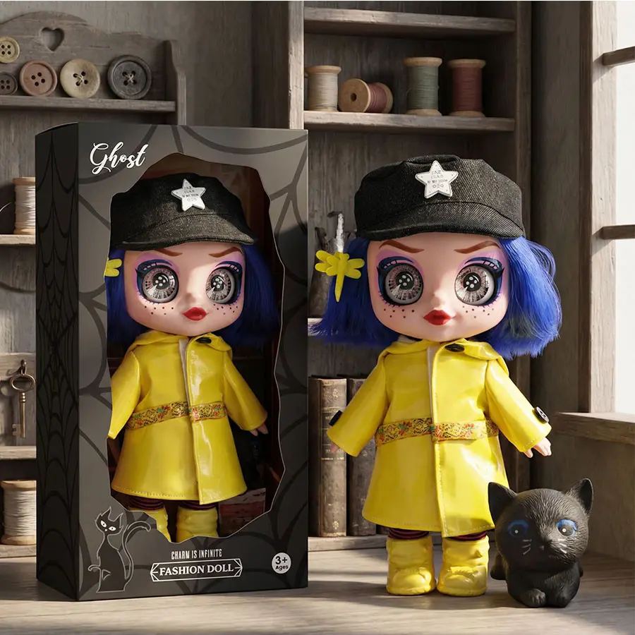 10/13 Inch Caroline Figurine with Accessories, Shiny Big Eyes, Cat + Raincoat, Collectible Doll, 5 Jointed, Articulating Figurines, Articulated Figurines, Fan Favorite