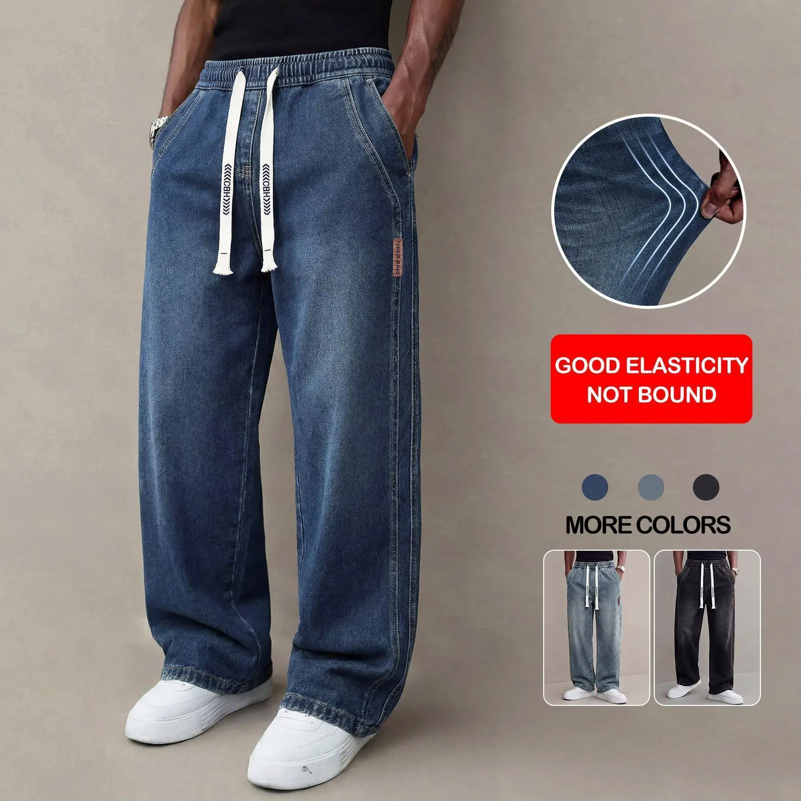 Men’s jeans for autumn/winter with slight stretch, vintage wash finish, thick fabric, loose straight-leg fit. Drawstring design for easy adjustment and versatile casual wear. Regular men’s long pants suitable for everyday use.