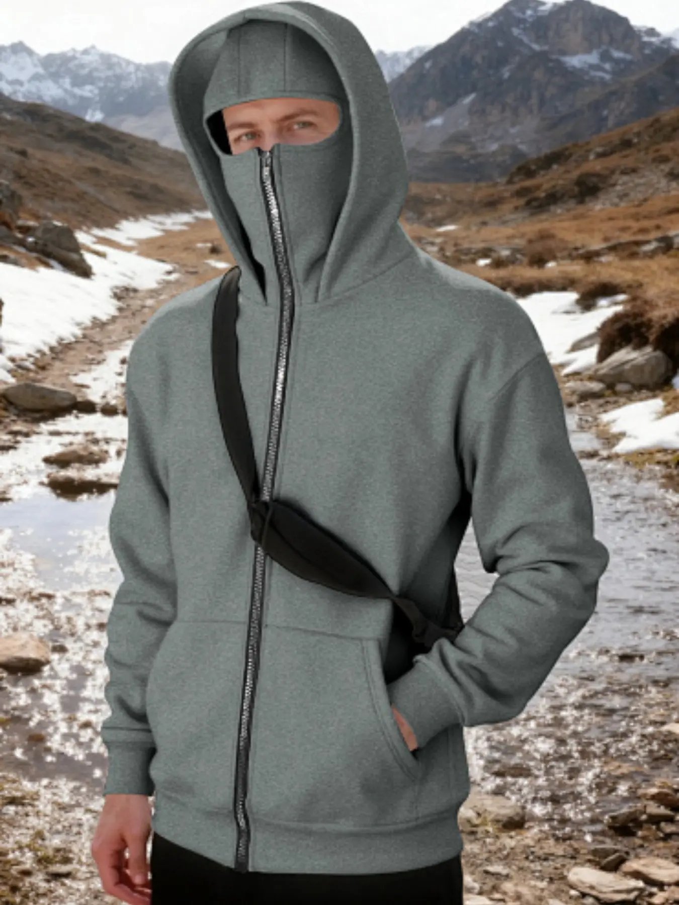 Men's Outdoor Functional One-Piece Hooded Sweatshirt, Fall Winter Windproof Full Zip Mask, Loose Fit Sportswear Jacket