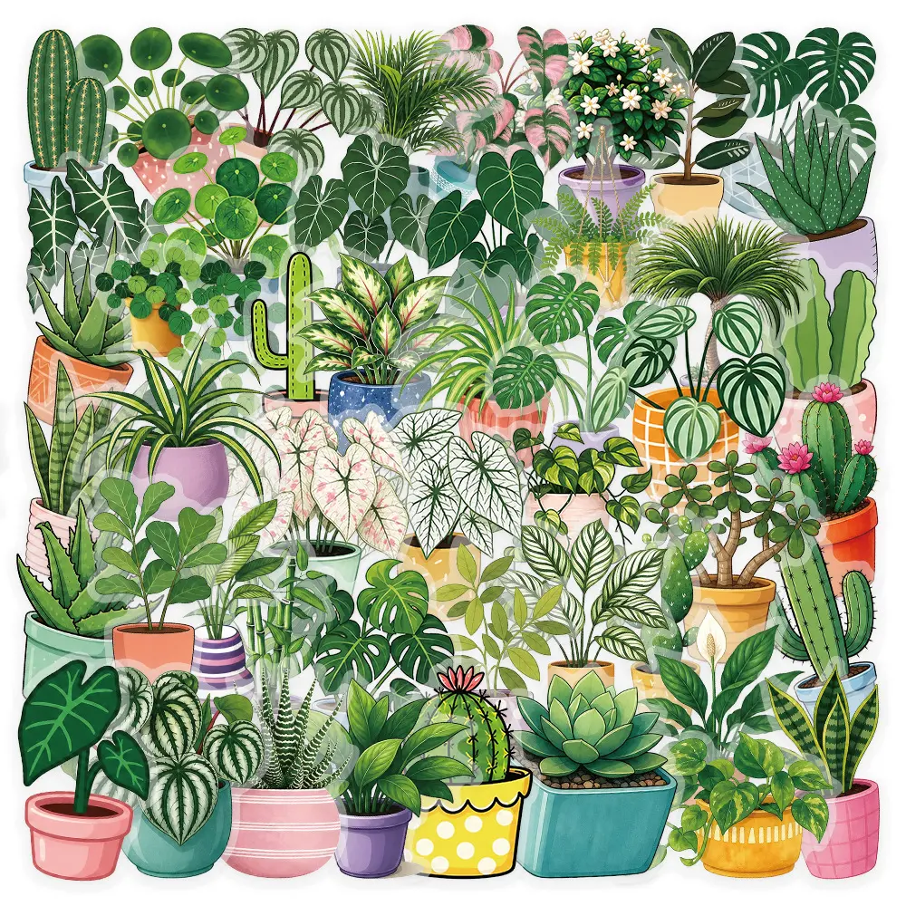 50pcs Green Potted Plant Transparent PET Office Stickers/Notebook Stickers, High-Value, Positive Energy Gifts for Decorating Journals, Scrapbooks, Computers, Water Bottles, Cars, Decal for cars, Car decorative sticker, Etc.