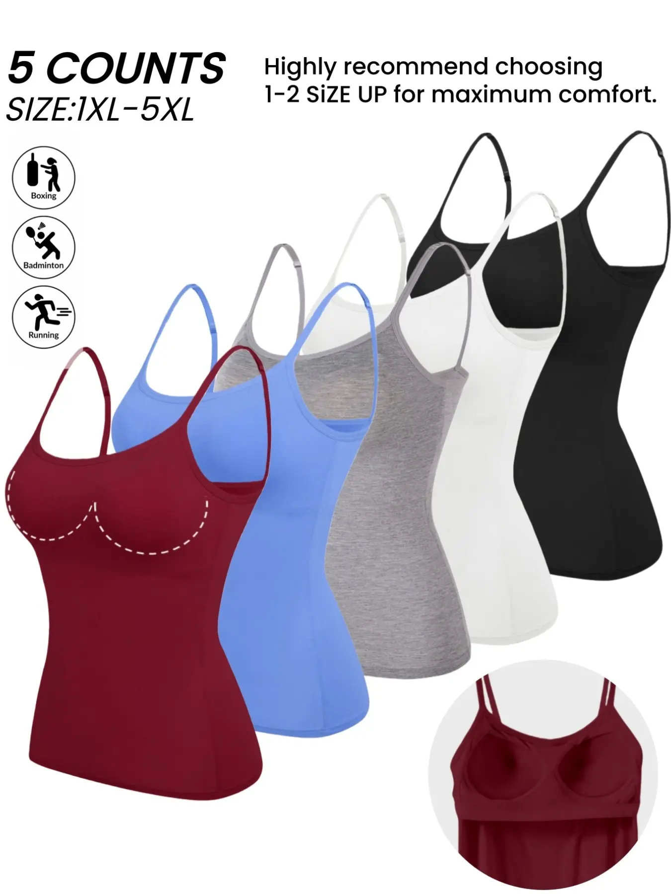 5-Pack PLUS SIZE Women's Adjustable Spaghetti Strap Camisole - Casual Comfy Camisole, Soft, Comfortable Padded Tank Tops for Yoga, Fitness, and Everyday Wear -Tube, Womenswear,Built in Bra Vest,All Seasons