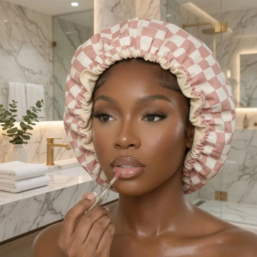 Women's 3-Layer Dual Waterproof Checkered Plaid Shower Cap - Soft Satin-Lined Premium Reusable Elastic Bath Hat for Long Thick Curly Hair Protection, Adult One Size Hair Care Cap, Daily Shower