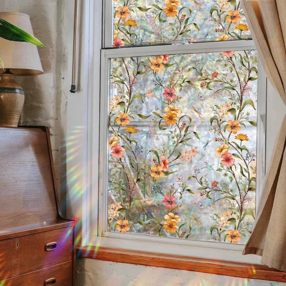 Sunroof Glass Window Film Stained Wildflower Static Window Clings Sun Heat Blocking  Window Film  for  Office Living Room  Moonroof Side Windows Stickers 15.74 x 39.37 Inch