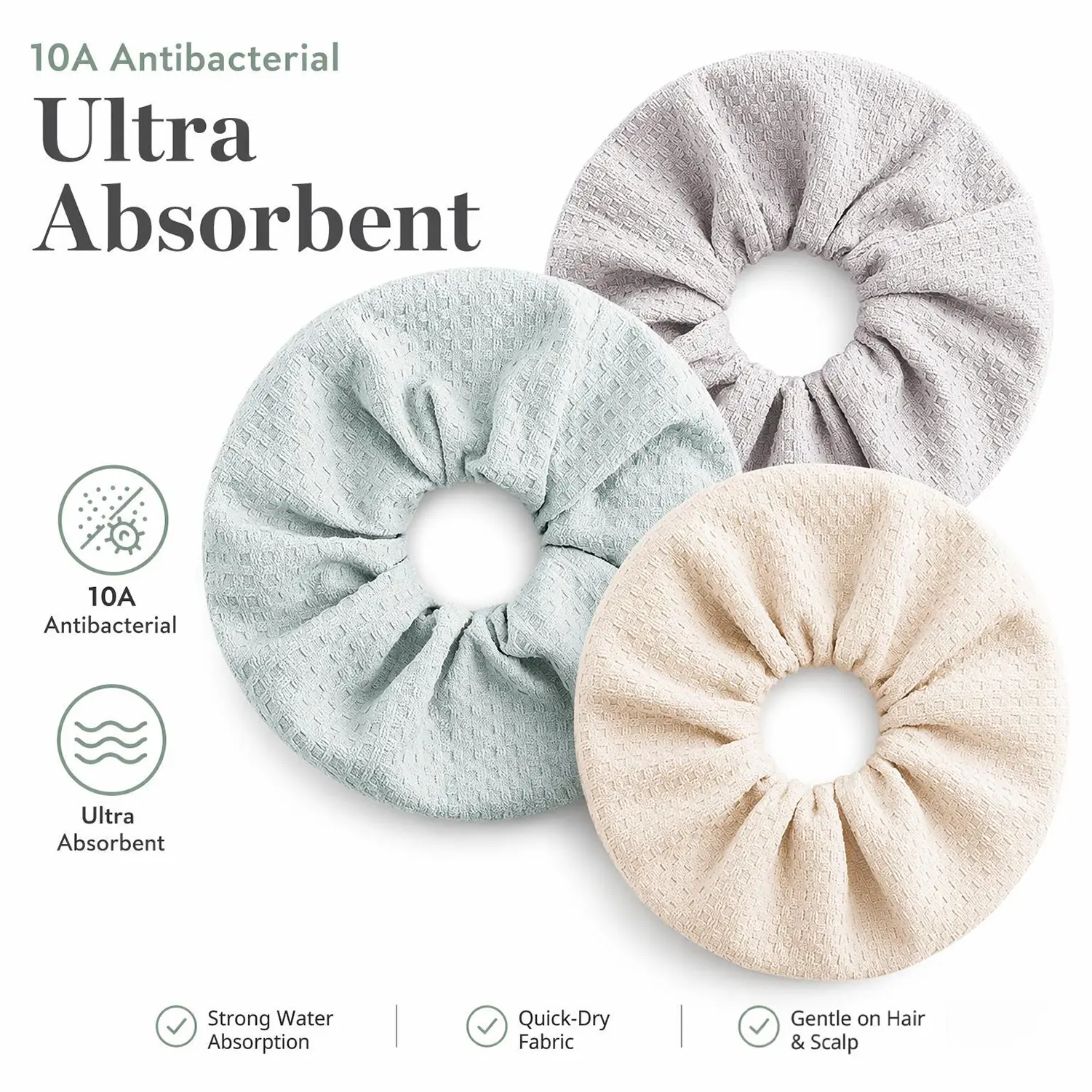 10A Antibacterial Waffle Absorbent Hair Drying Scrunchie, Large Quick Dry Woman Hair Towel Wrap for Long Wet Curly Hair, Soft Anti-Frizz Bath Hair Holder