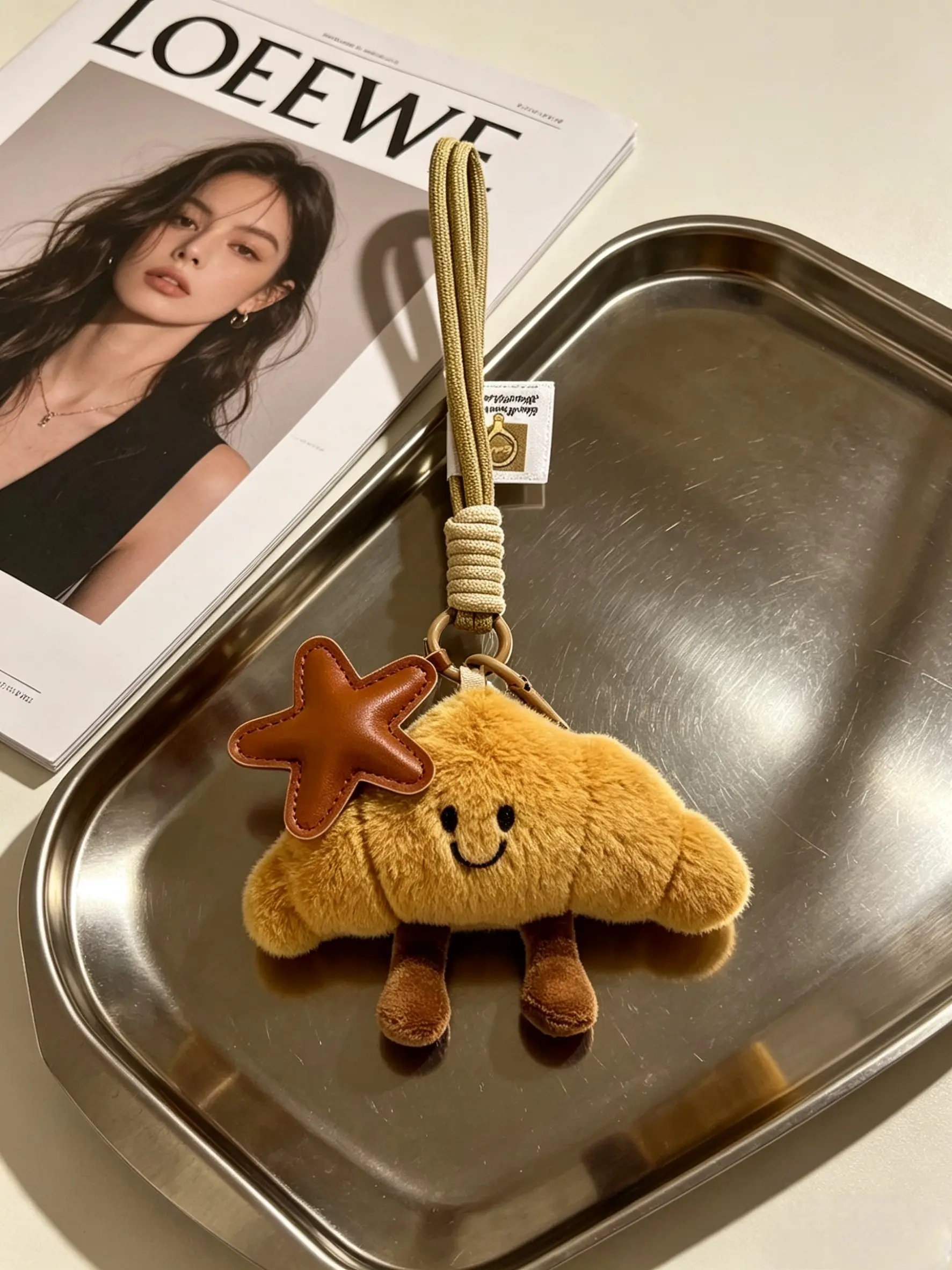 Cute Happy Smiling Star Croissant Keychain, Lucky Good Luck Pendant, Positive Energy Key Chain, Bag Accessory, Key Rings, All Seasons