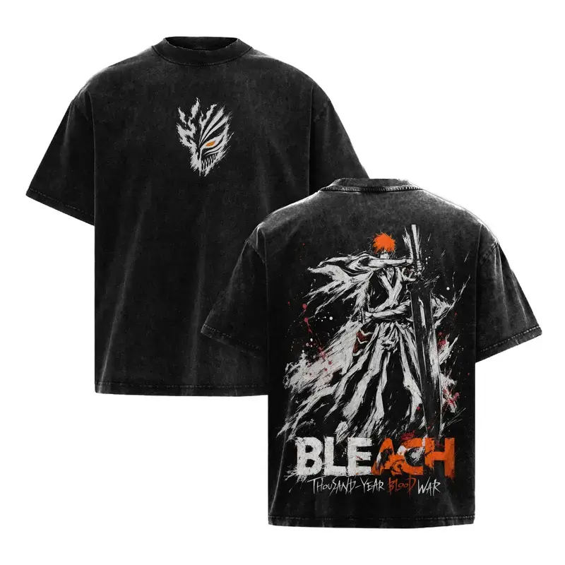 Bleach Nostalgia Thousand Year Blood War Vintage Washed Tee Dual Side Tiny Hollow Mask Ink Sketch Chest Ink Wash Ichigo Zangetsu Sword Blood Splash Dark Anime Art Back Print