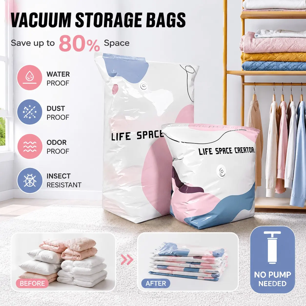 Reusable Non-Vacuum Compression Bag, No Pump Needed, Ideal for Clothes and Bedding, Space-Saving Storage Solution, Durable and Convenient