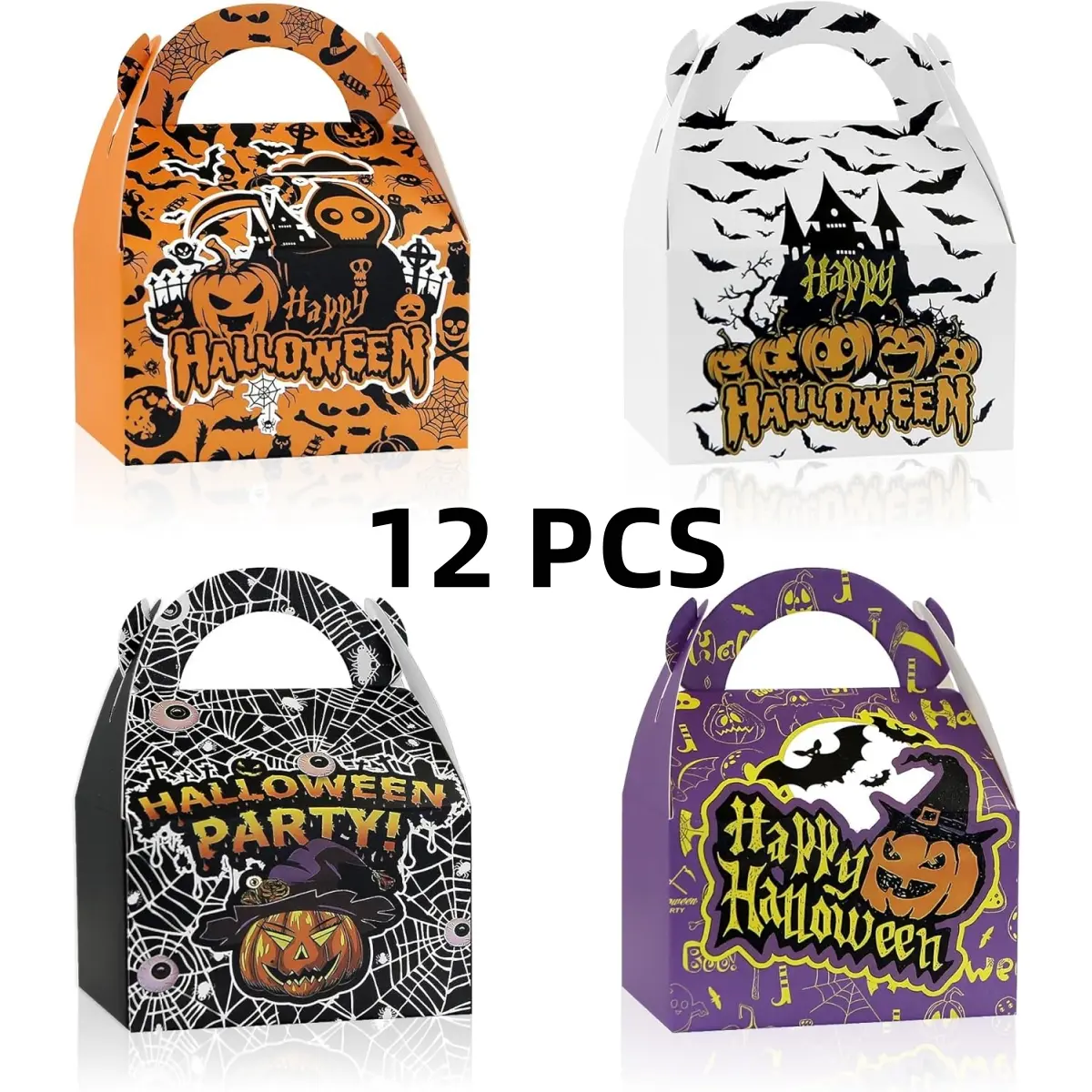 12-Piece Halloween Gift Box Cookie Tray, Halloween Candy Gift Box with Handle, Small Lightweight Paper Gift Box for Trick-Or-Treat, Party Supplies