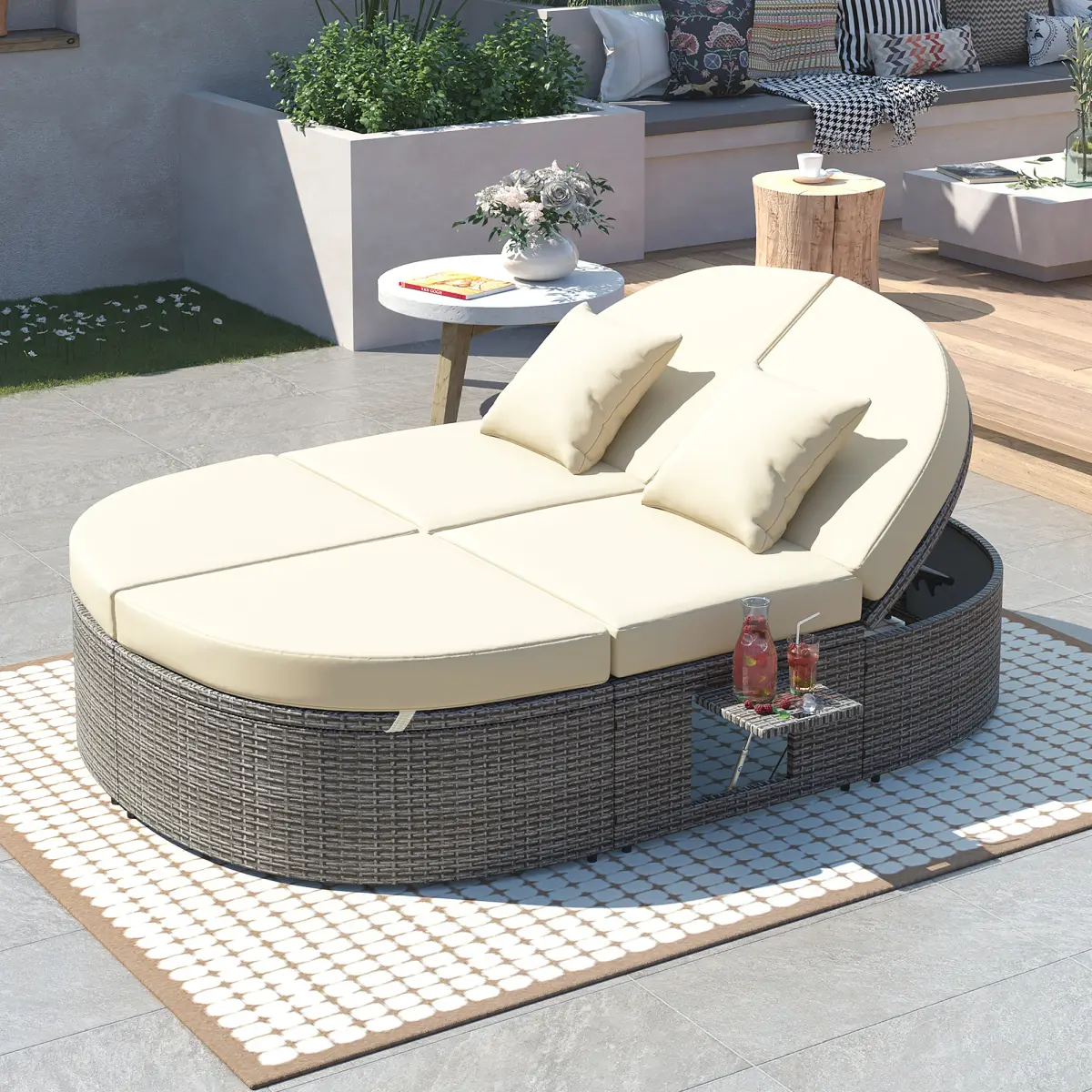 AobtkelTOPMAX Outdoor Rattan Daybed Set, 2-Person Reclining Lounge with Adjustable Back, Cushions, Pillows, Foldable Trays for Lawn, Poolside (Beige) WL, Supports Two