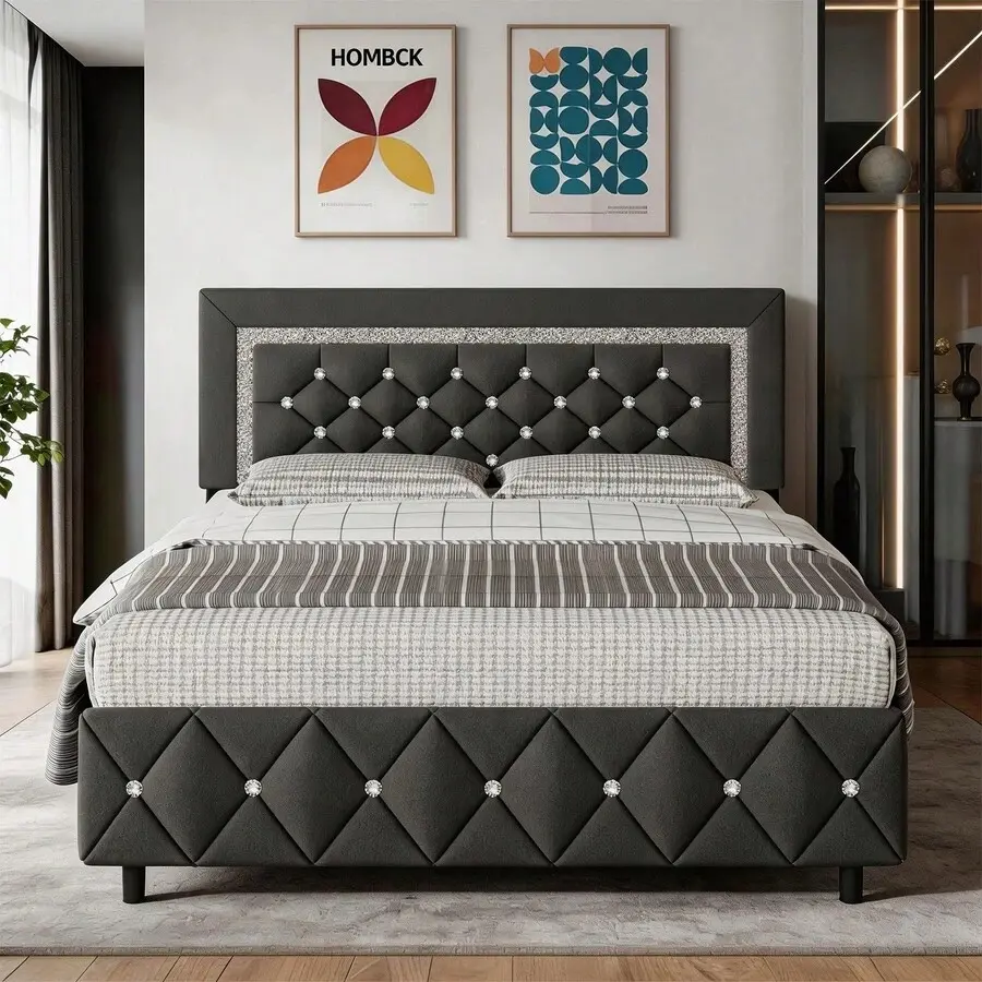 Upholstered Bed Frame, Modern Platform Bed Frame With Diamond Headboard And Footboard, No Boxing Spring Needed, Easy Assembly, Black/ Grey/ Pink/ Purple/ White/ Beige / Green, Twin/ Full/ Queen/ King