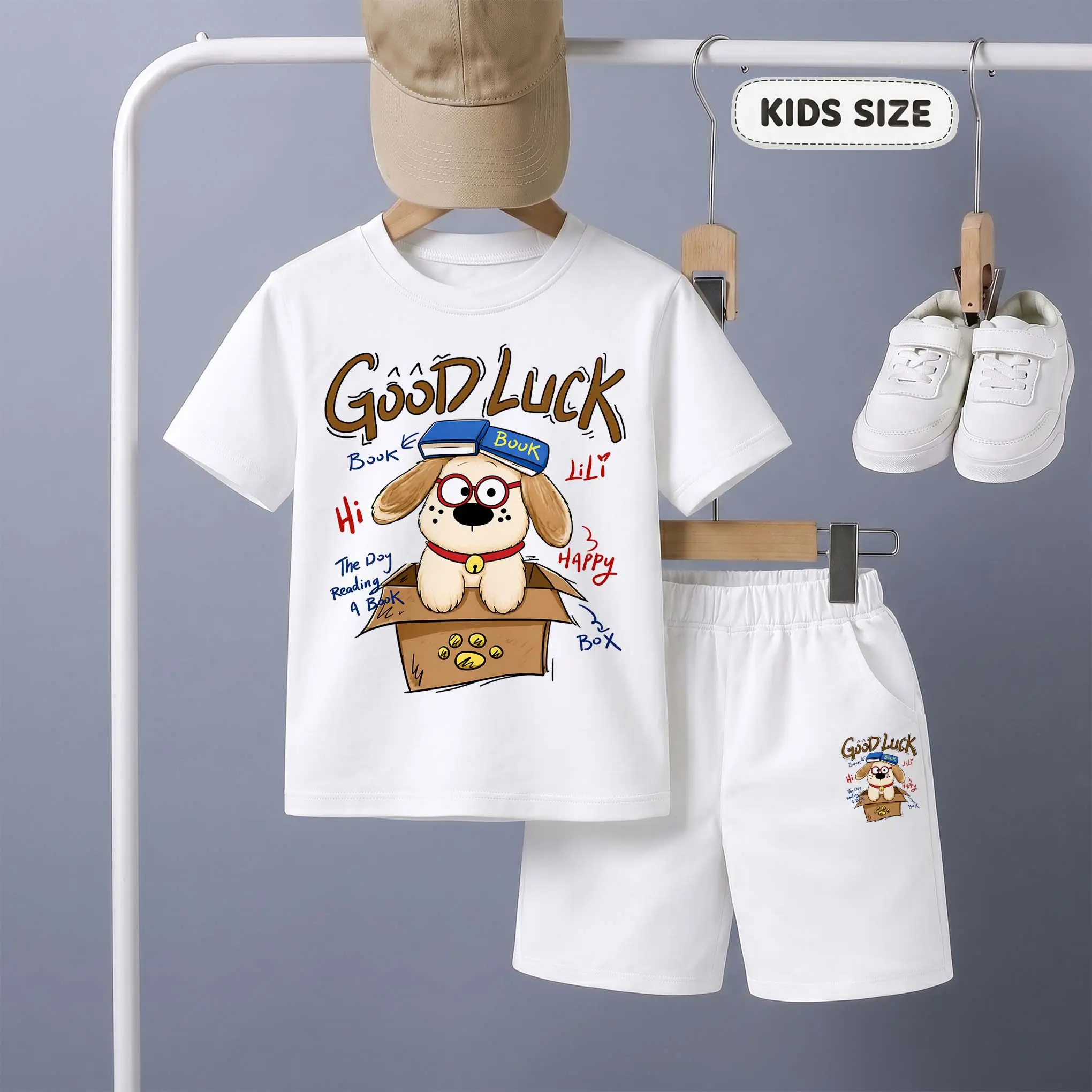 Kids’  "Good Luck" Cartoon Dog Print Short-Sleeve T-Shirt And Shorts Set—Casual Summer Kids' Clothing. This Round-Neck Outfit Combination Is Perfect For Everyday Wear And Outdoor Play.