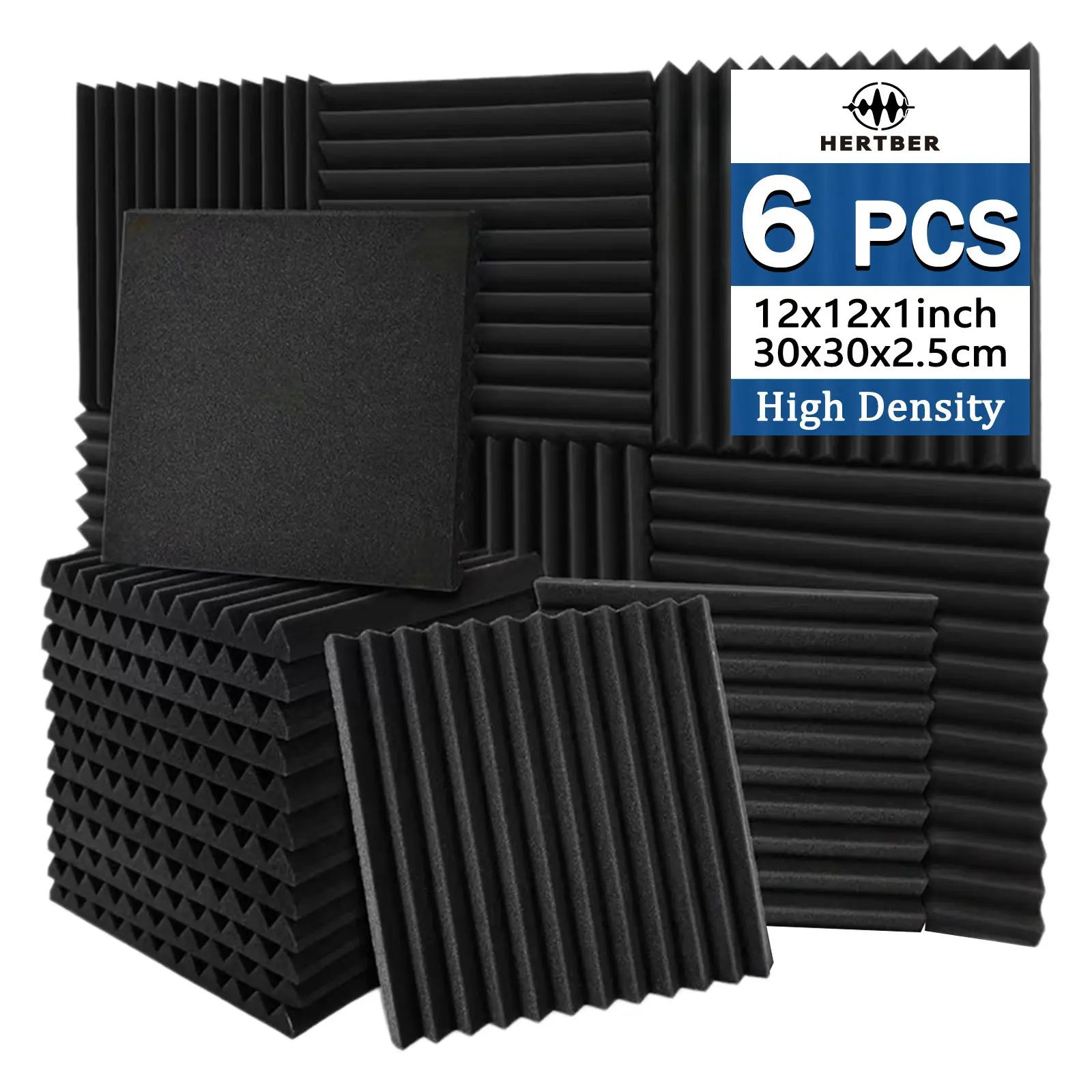 6pcs black wedge-shaped acoustic soundproofing board, 12*12*1 inch high-density sound-absorbing foam, voice over studio/podcast recording room/vocal piano room/guitar practice room, effectively improving recording echo and reverb problems