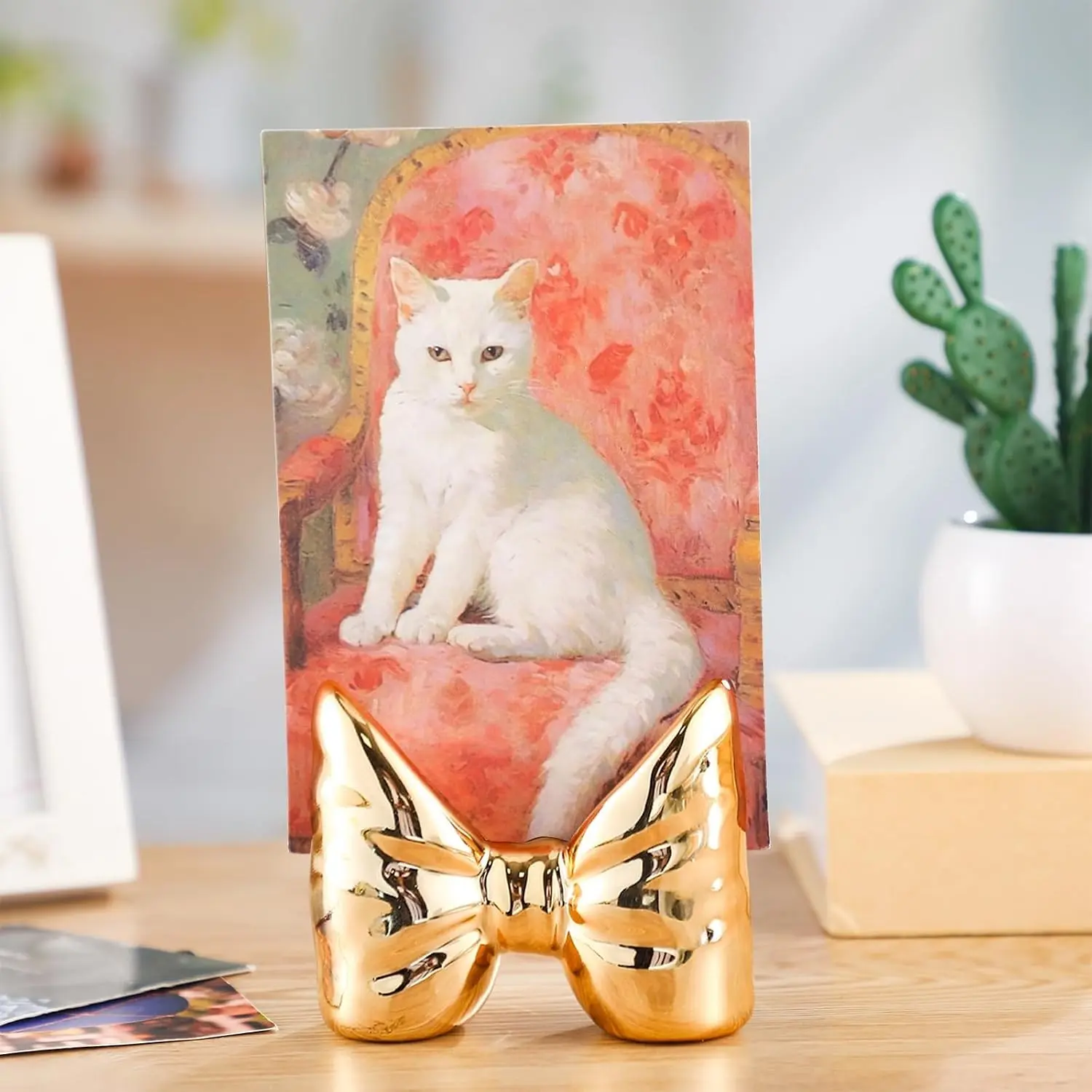 Chunful Gold Bowknot Ceramic Place Card Holder Frame - Table Centerpiece Photo Display Stand for Wedding, Birthday Home Decor (Home Supplies)