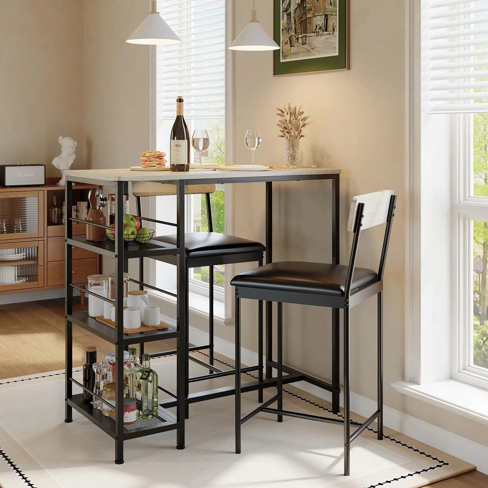 Modern 3-Piece Rectangular Bar Height Table Set with 2 Seats, Steel/Iron Frame, Built-In Wine Rack, 3-Tier Storage Shelves, Quick Setup, Compact Industrial Indoor Dining Room Furniture for Small Kitchens, Apartment Furniture, Two Seats