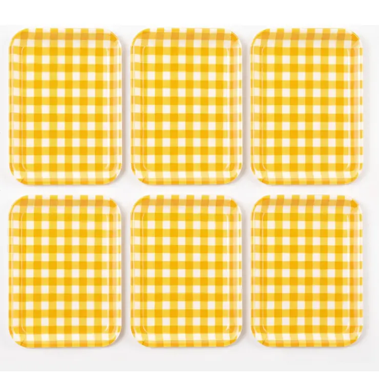 Garvee 6-Pack Yellow Gingham Melamine Serving Trays – Rectangular Reusable Plastic Platters for Picnic Party & Kitchen, Dishwasher-Safe