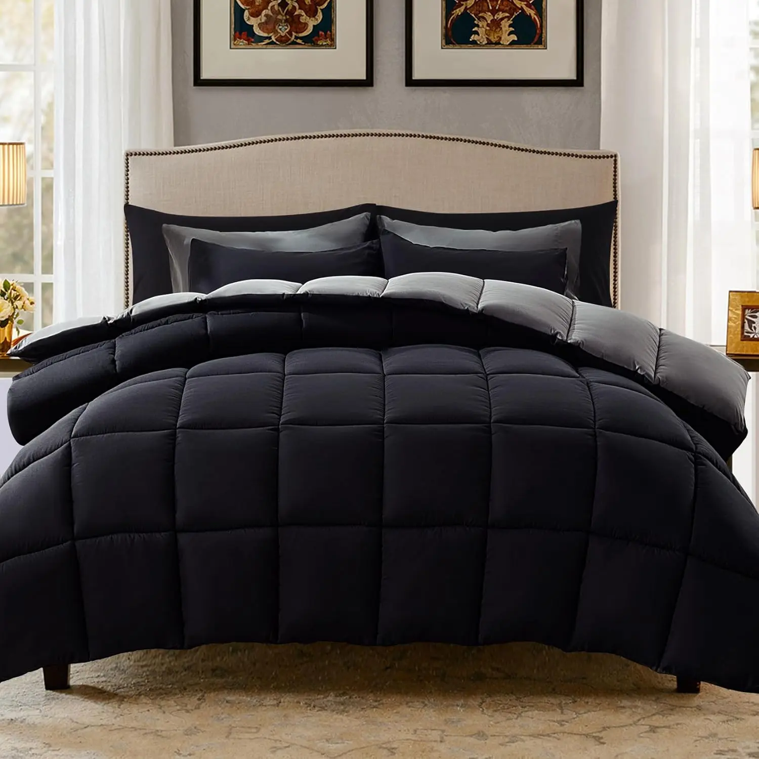 Lightweight King Comforter Set with 2 Pillow Sham - 3 Pieces Set - Quilted Down Alternative Comforter/Duvet Insert for All Season - Black/Grey - King Size
