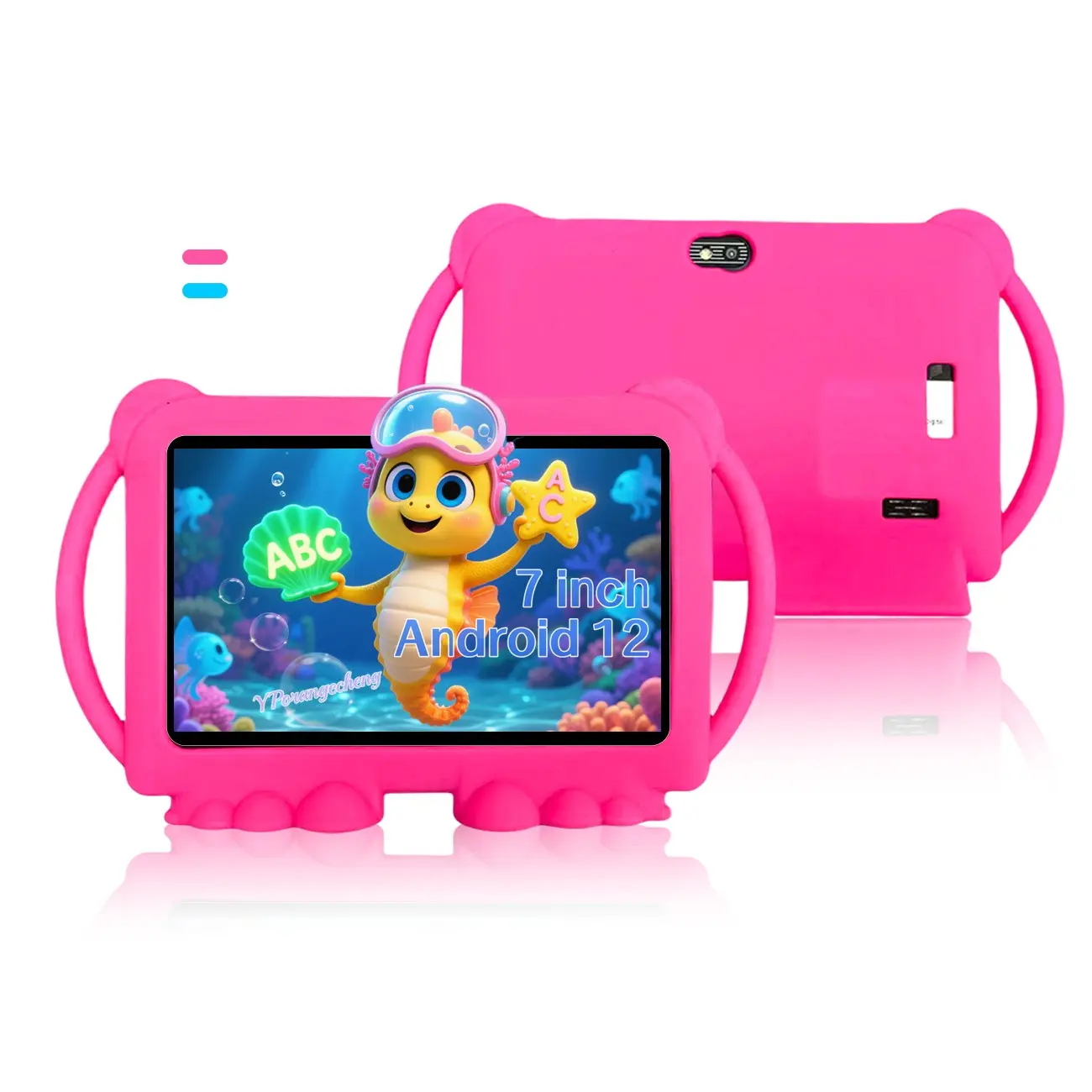 7" Kids Tablet, Must‑have for Students. Stable Android 12, 2GB+32GB, 1024×600 display. Dual‑band WiFi & Bluetooth, long‑life battery, front & rear cameras. Shock‑proof case, smart parental mode for study & play. Blue/Pink, ideal holiday gift.No Adapter.
