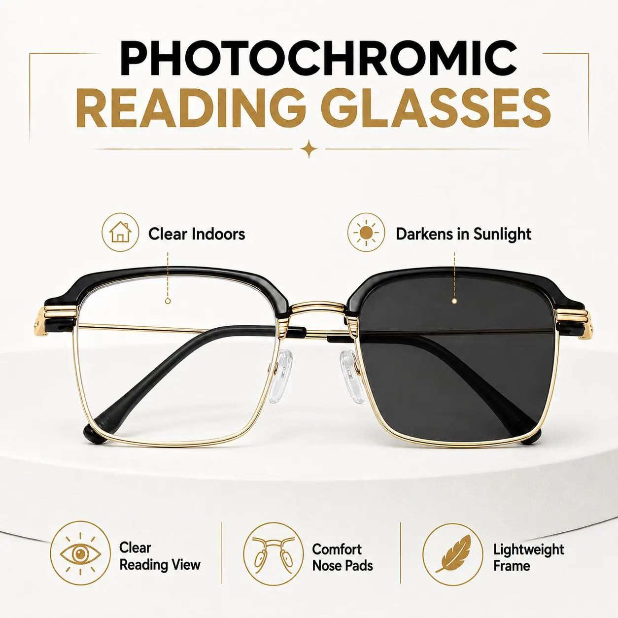 DealsForYouDays Photochromic Progressive Multifocal Presbyopia Readers Reading Glasses with Blue Light Blocking & UV400 Protection Semi-Rimless Black Gold Frame for Work Travel & Everyday Use