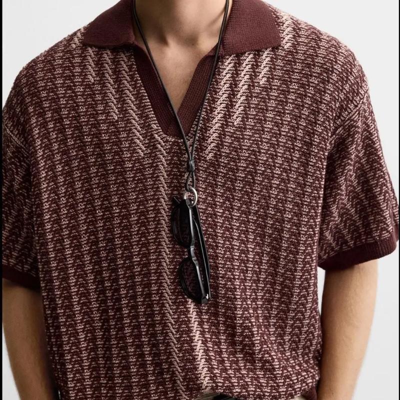 Kyn Apparel Men Brown Chevron Knit Polo Shirt Short Sleeve Loose Fit Retro Casual Textured Contrast Collar Top