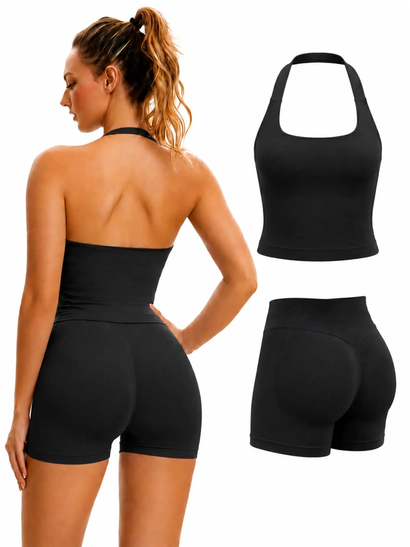 High-Waisted Backless Yoga Set, Activewear Shorts Set, Quick-Dry Fitness Wear, Enhances Butt Lift, Perfect for Workout Sessions, Comfortable & Stylish Design, Bodycon Workout Set, Athletic Clothes Set