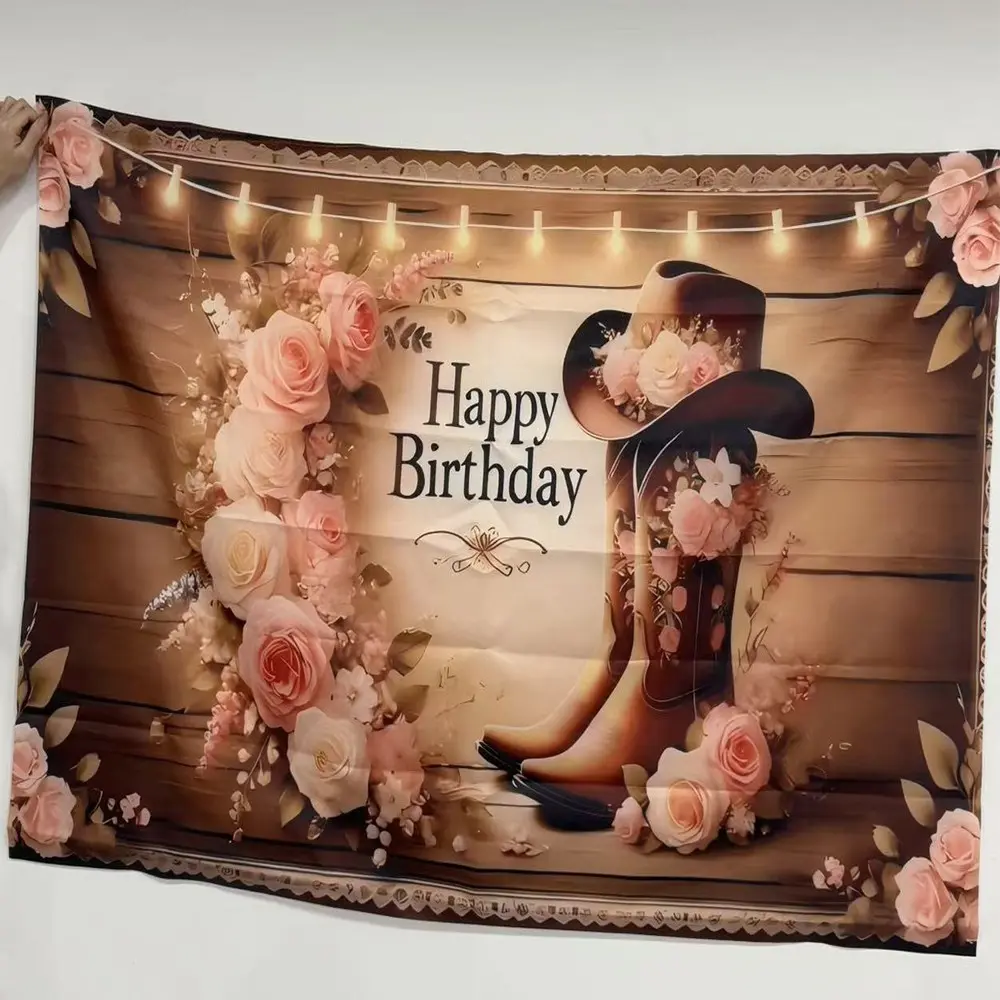 2D Flat banner 1pc retro wooden cowboy boots floral happy birthday background cloth lace wrapped string lights pink rose decoration western style birthday party country party suitable for polyester material multiple sizes available