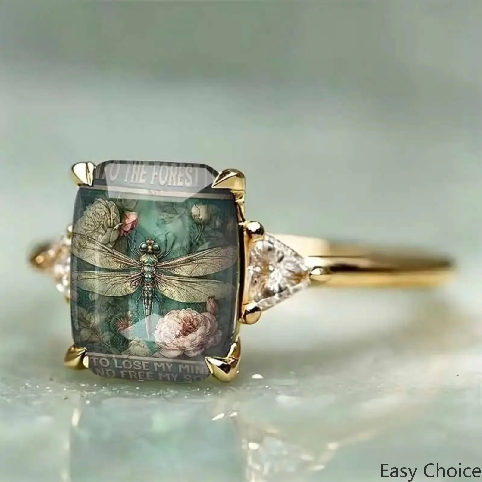 Vintage Dragonfly Floral Square Ring Gold Plated Alloy Band With Artistic Pattern Crystal Detail Statement Jewelry For Women Daily Wear Fashion Accessory Gift Elegant Retro Design