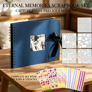 Spiral Bound Scrapbook Gift Set Hardcover Photo Album Colorful Decor Stickers Multi-Functional Stencil Templates For Travel Wedding Growth Memory Collection