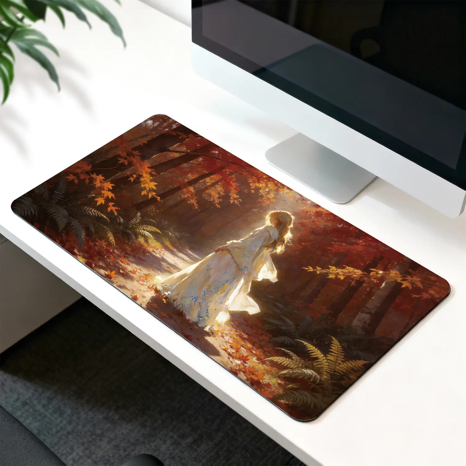 Premium Girl In White Dress Walking In Autumn Forest Mouse PadModern Office Gaming Comfort ExperienceNonSlip Durable For Daily Work And Play 40*80cm 40*90cm30*70cm