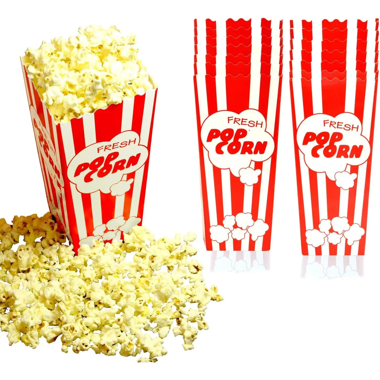 15 Movie Night Popcorn Paper Boxes Buckets 7.75 Inches Tall Large & Holds 46 Oz Old Fashion  Retro Party Design Red & White Colored Nostalgic Carnival Stripes Bags & Tubs various qty avail
