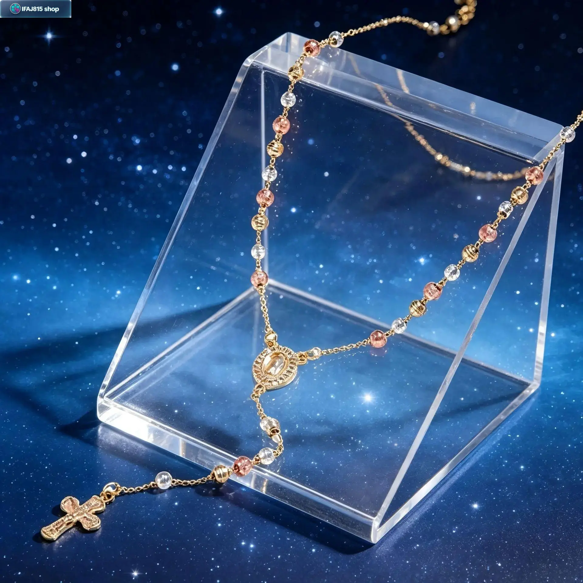 Our Lady of Guadalupe Rosary Necklace, 14K Gold Tone Religious Cross Pendant with Tri-Color Textured Beads, Long Y-Shape Chain, Layered Statement Jewelry for Daily Wear