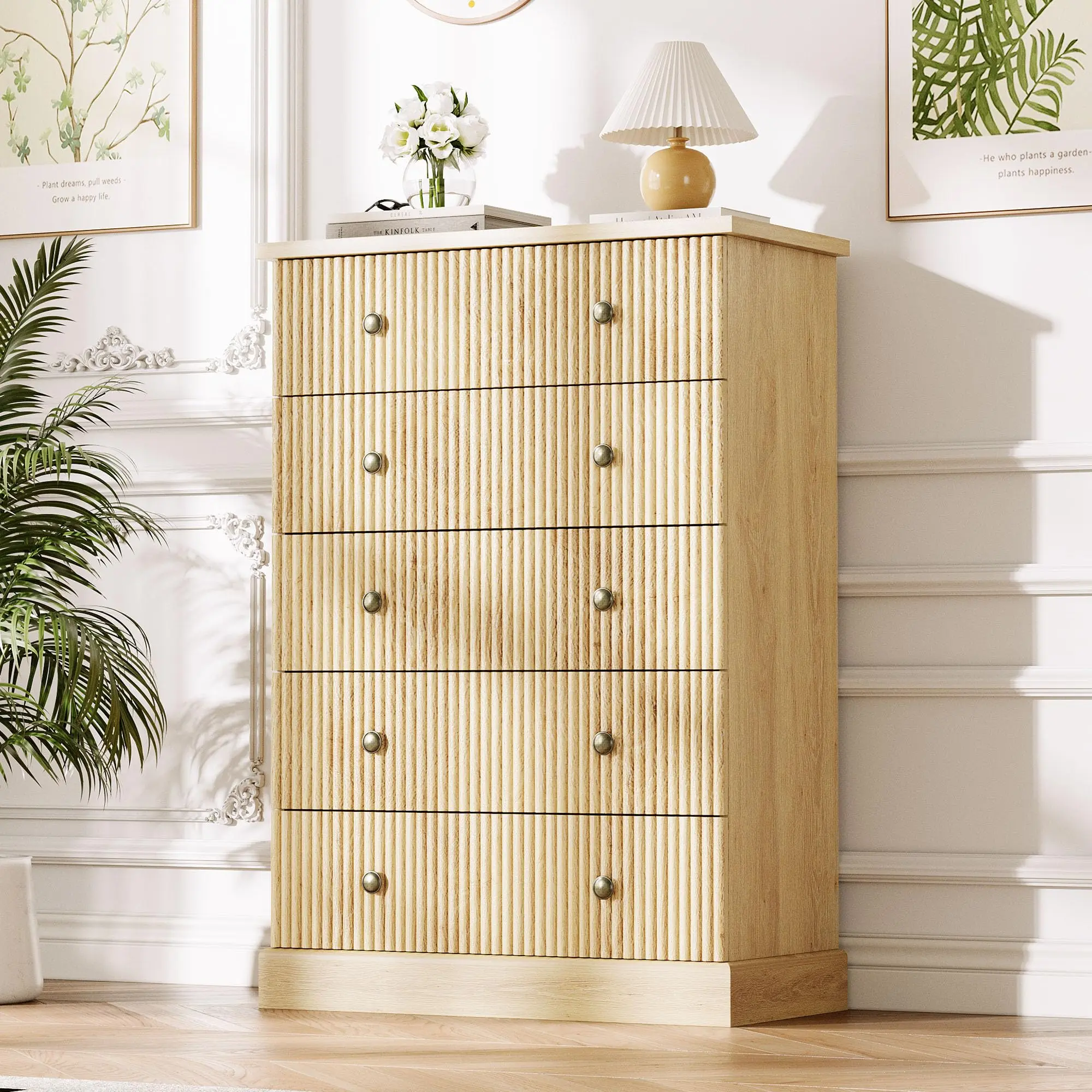 YJ-Garvee Tall Vertical 5 Drawer Dresser for Bedroom, Fluted Wood Design, Ideal for Clothing Storage in Small Spaces, Available in Natural and White & Natural Finishes