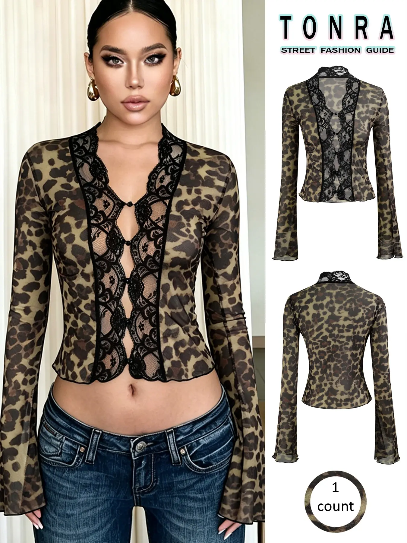 2026 Fall Eu-Style Cross-Border Bestselling Women's Summer New Fashion Print Sexy Mesh Ruffle Open Cardigan T-Shirt