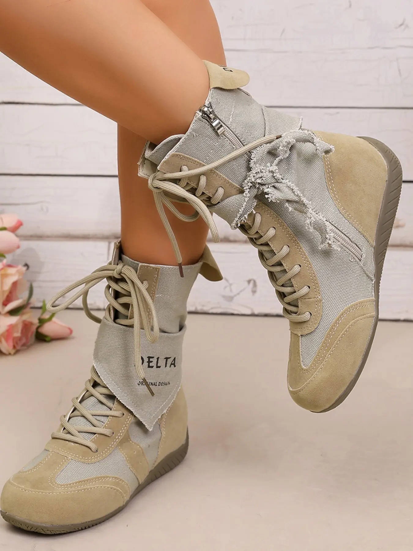 2026 Summer New Canvas Patchwork High-Top Fashion Boots for Women, Vintage Distressed Lace-Up Boots, Versatile Casual Workwear Boots