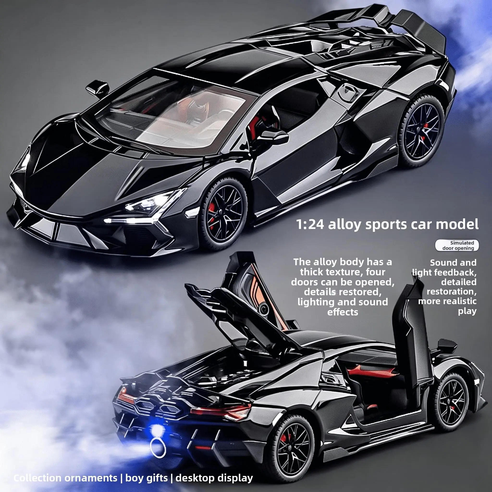 1:24 Super Car Alloy Model, Spray Design, Scissor Door Opening, Flashing Lights, High Detail, Kids Toy Car, Collectible, Gift Idea