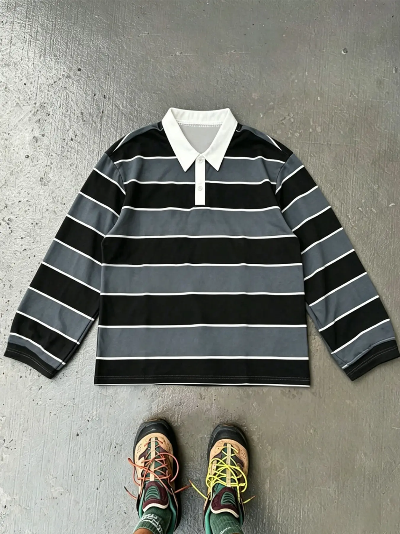 Men's Striped Polo Shirt, Comfortable Loose Fit, College Style, Suitable for Spring and Autumn, Campus and Outdoor Activities, Long Sleeve