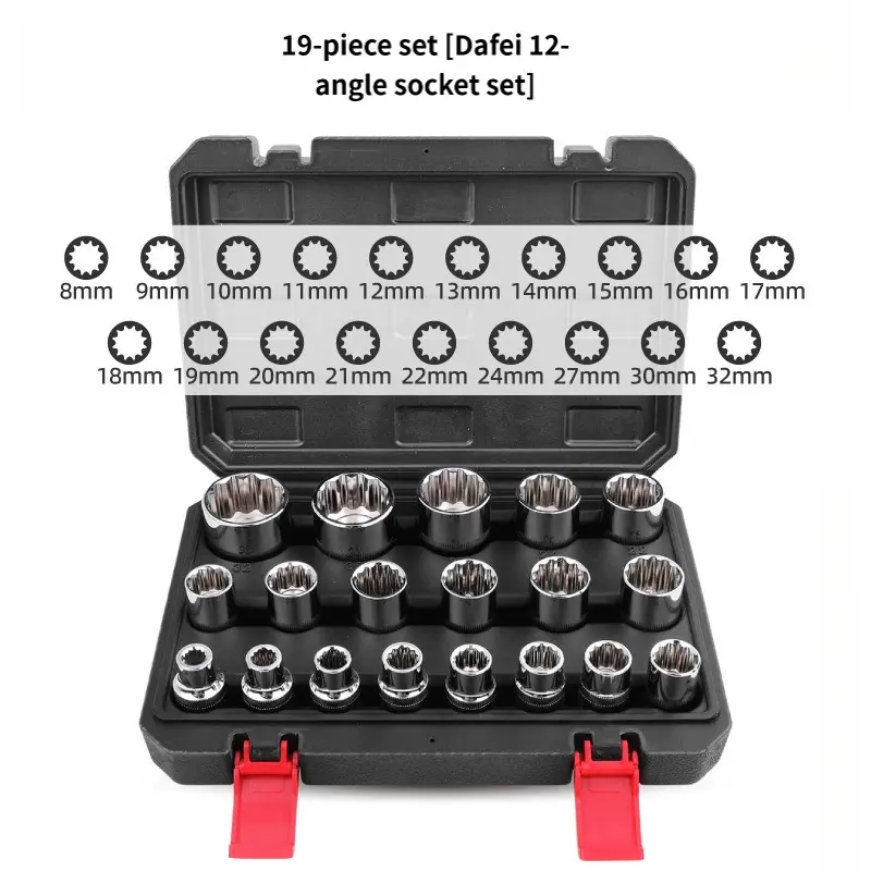 19-piece set of 1/2-inch large hexagonal socket tools: made of chromium-vanadium alloy steel, fully quenched for high hardness; coated with a layer that prevents rust and provides a polished surface. These are universal repair tools suitable for fixing ti