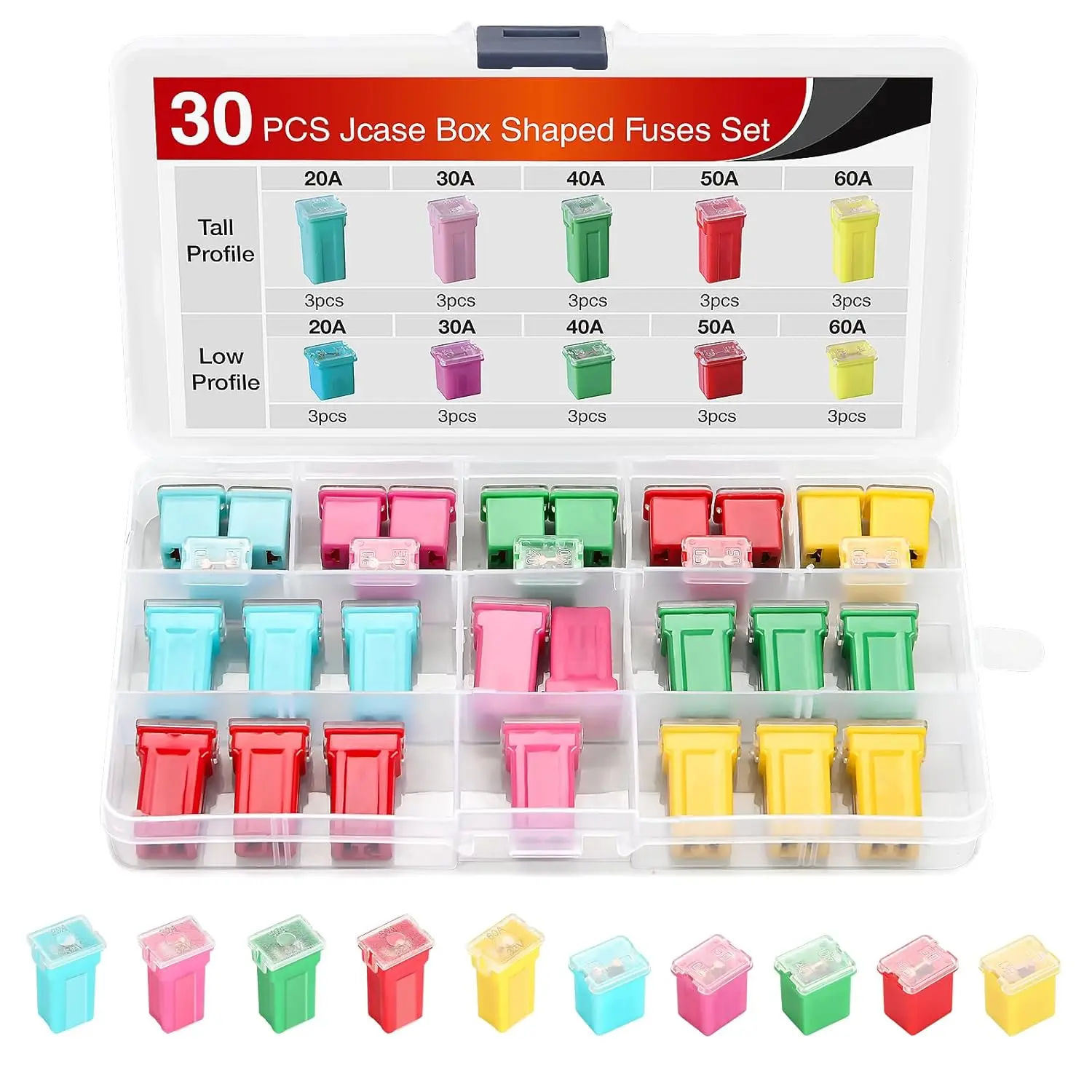 Nilight 30pcs Jcase Car Fuse Assortment Kit - Low, Tall, STD Profile Box-Shaped Fuses (20A,30A,40A,50A,60A) - Auto Parts Accessories for Cars, Trucks, Car Accessories