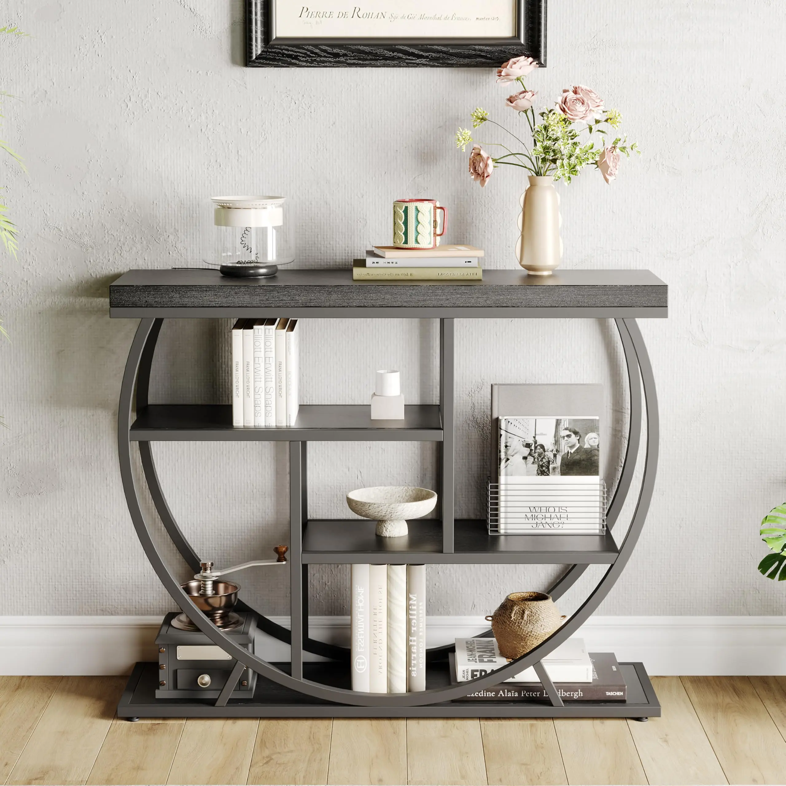 Garvee Industrial Narrow Console Table with 4 Storage Levels, Half-Circle Base, and Multi-Shelf Design for Entryway, Living Room, or Hallway Behind Sofa