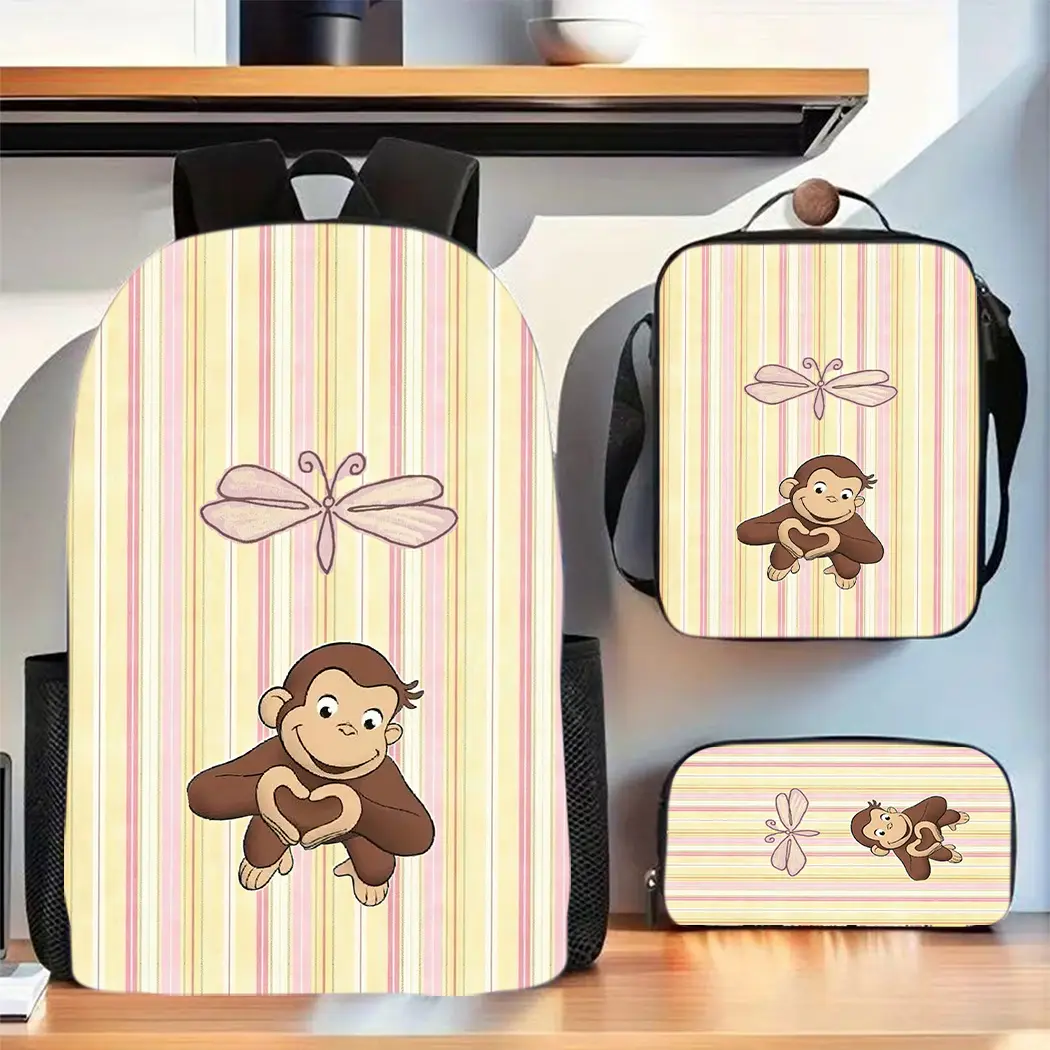 Curious George Heart-Shaped Dragonfly Light Striped Backpack Three-Piece Set: Oxford Cloth Backpack with Crossbody Lunch Bag and Pencil Case, Suitable for Daily School Use and Outdoor Travel