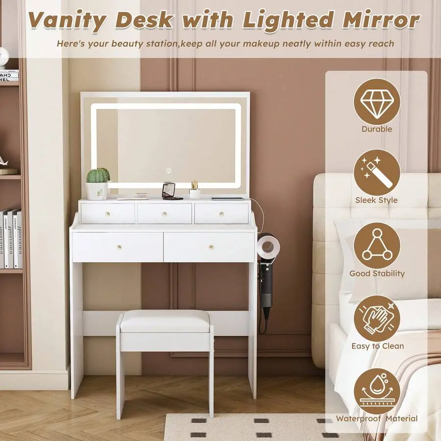 Large Mirror Vanity Desk Set With LED Lights & Stool - White Makeup Table With Power Outlet, 5 Drawers & Hair Dryer Holder, 3-Color Adjustable Dressing Table Bedroom