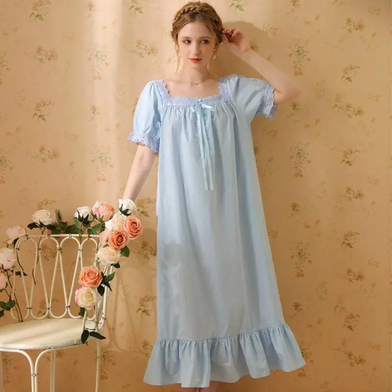 Womens Vintage Victorian Nightgown Long Sleeve Lolita Night Dress Princess Sleepwear Palace Lace Embroidered Long Loungewear