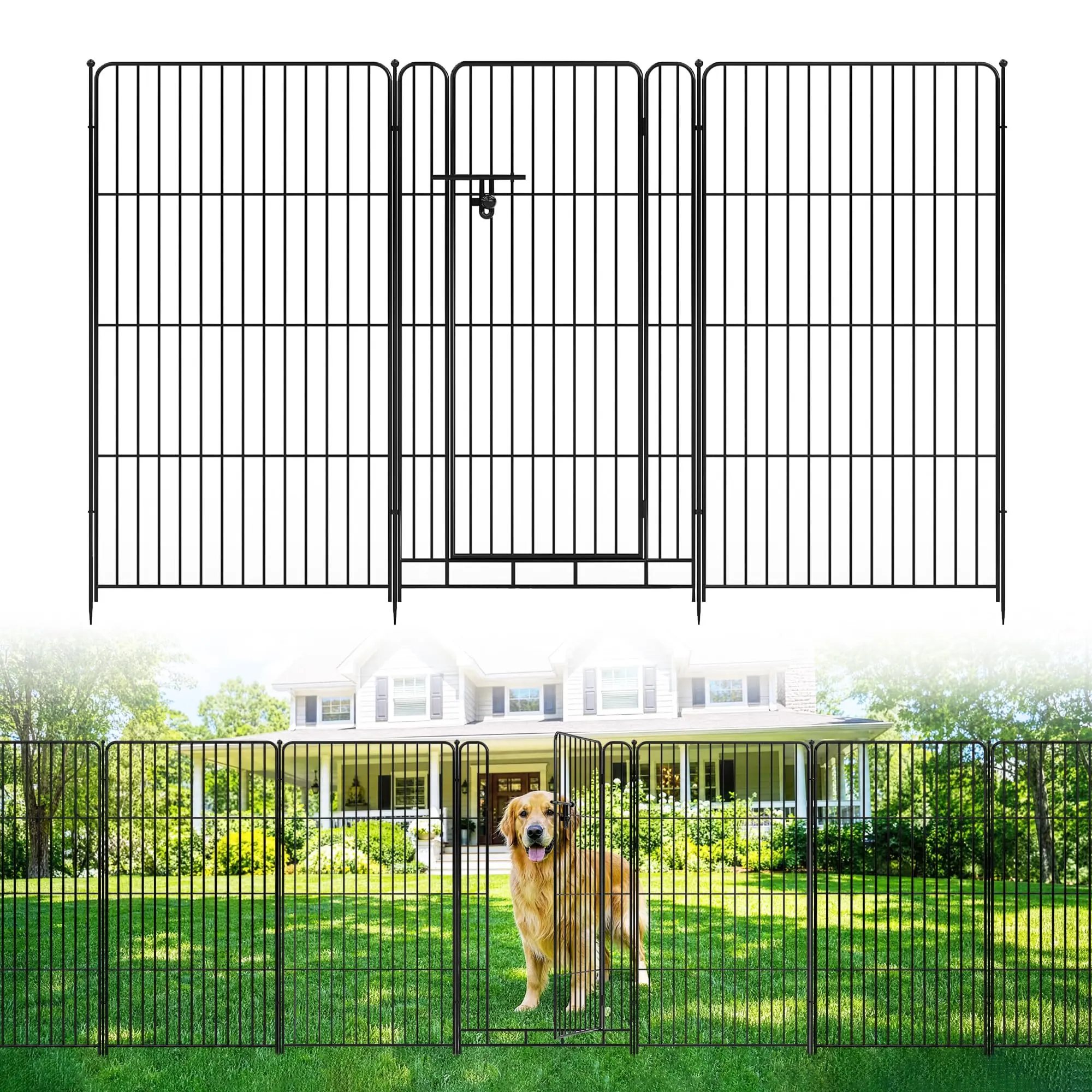 48In Tall No-Dig Metal Fence 8-Pack with Gate | Pet Barrier for Yard Patio & Dog Enclosure | Solution for safely enclosing pets and defining garden boundaries