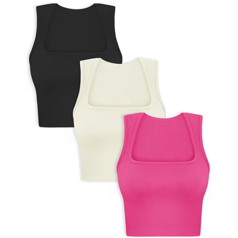 Women's Seamless Ribbed Square Neck Crop Tank Top - Thin Fabric, Convertible Straps, Sleeveless Sports Underwear with Crop Length, Ribbed Texture, Casual, Basic, Crop Tops For Women, Female